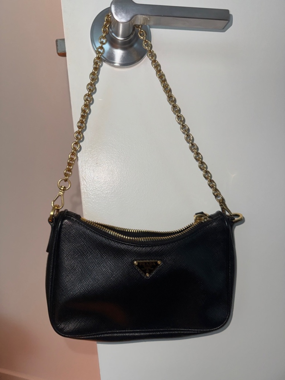 Prada Black Saffiano Leather Mini Shoulder Bag with removable Gold Chain - Picture 8 of 9